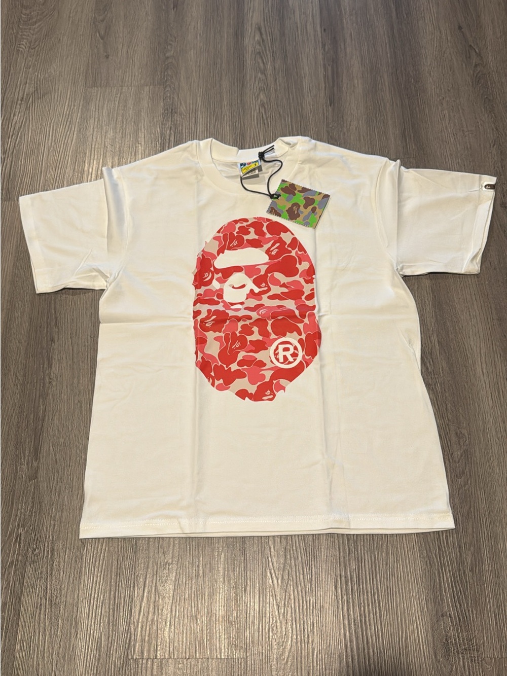 Bape White Tee with Red Camo Ape Head Graphic